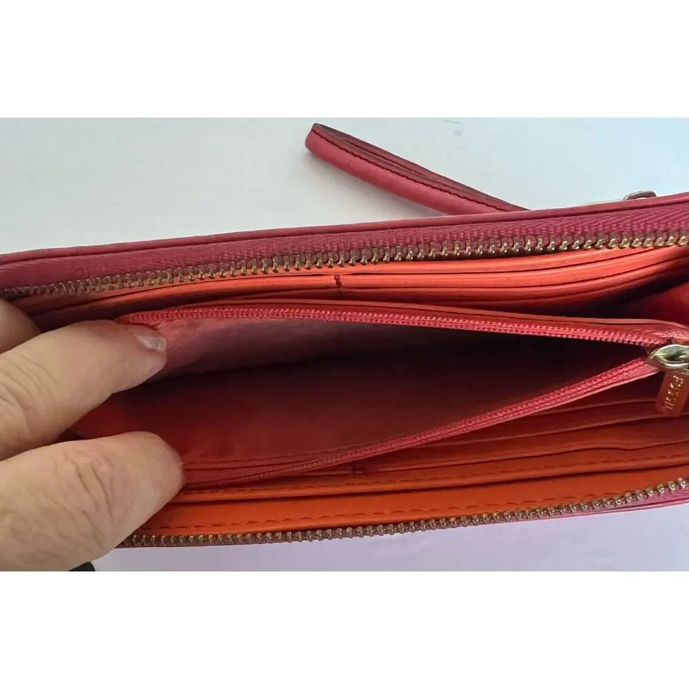 Fossil Wristlet Wallet Women‎ OS Coral Leather Zip Around Clutch